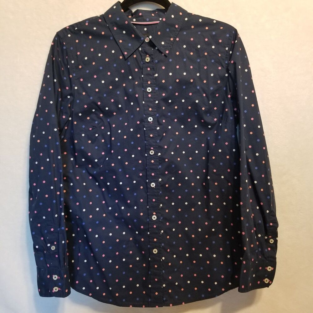 Talbots M Top 100% Cotton Button Up Navy Blue Multicolor Dots Office Preppy Twee